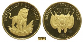 Niger 50 Francs 1968

Niger, Republic, 50 Francs 1968 (with Essai countermark), Au mm 32,6 g 16,00, Proof