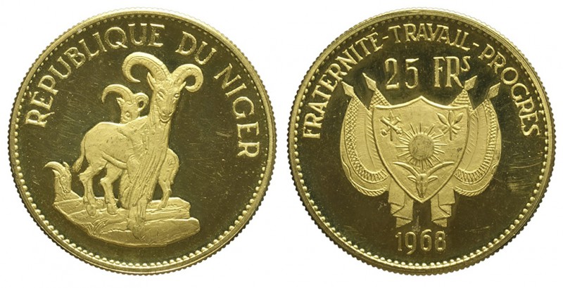 Niger 25 Francs 1968

Niger, Republic, 25 Francs 1968, Au mm 26,5 g 8,00 Proof