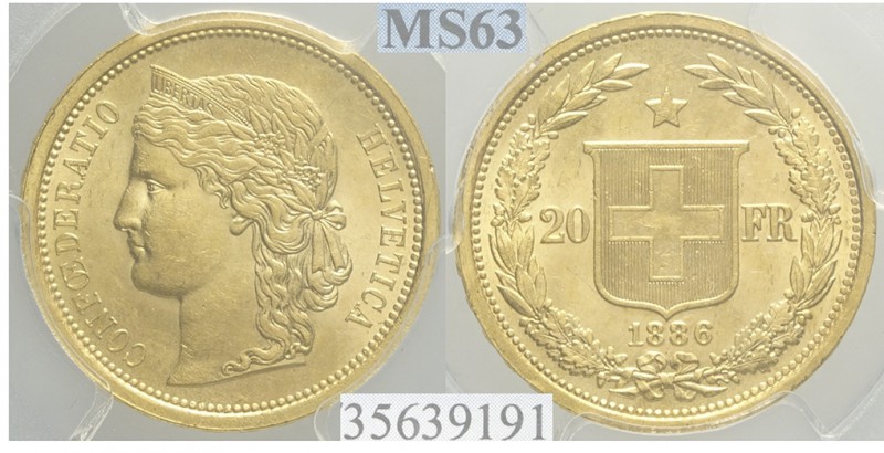 Switzerland 20 Francs 1886

Switzerland, Confederation, 20 Francs 1886, Au mm ...