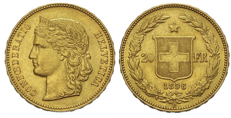 Switzerland 20 Francs 1896

Switzerland, Confederation, 20 Francs 1894, Au mm ...