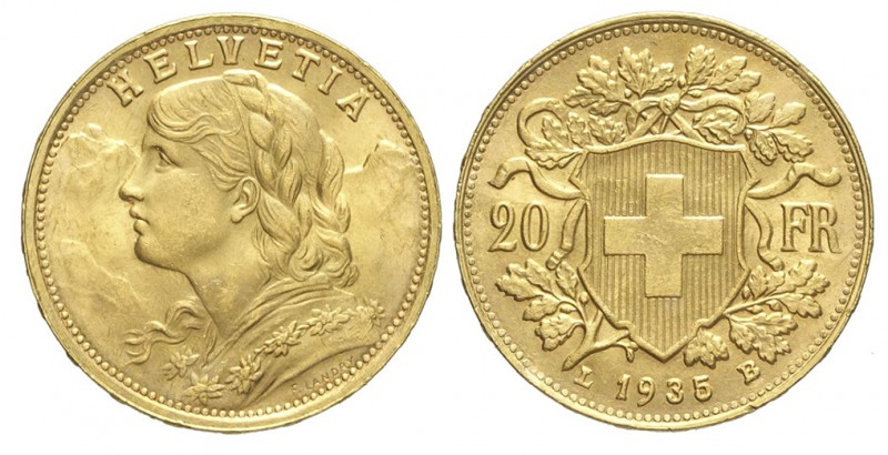Switzerland 20 Francs 1935

Switzerland, Confederation, 20 Francs 1935, Au mm ...