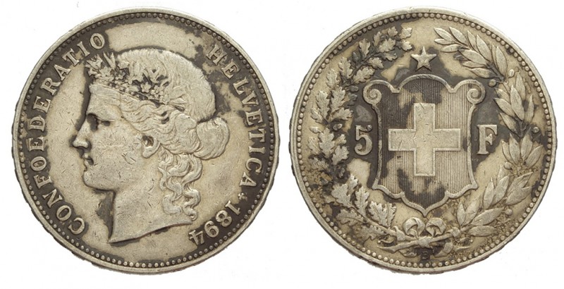 Switzerland 5 Francs 1894

Switzerland, Confederation, 5 Francs 1894, Rara Ag ...