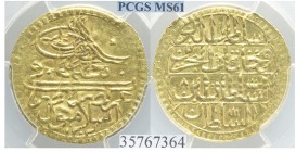 Turkey Zeri Mahbub 1203

Turkey, Selim III, Zeri Mahbub 1203//8, Au g 2,37, Slab PCGS MS61