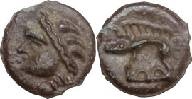 Celtic World. Northeast Gaul, Leuci. Potin Unit, 1st century BC. Obv. Stylised head left. Rev. Boar left; below, two semicircles. D&T 225; Depeyrot, N...