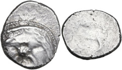 Greek Italy. Etruria, Populonia. AR 20 Asses. 3rd century BC. Obv. Facing head of Metus, tongue protruding, hair bound with diadem, [X:X] below. Rev. ...