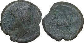 Greek Italy. Samnium, Southern Latium and Northern Campania, Aesernia. AE Obol, c. 263-240 BC. Obv. VOLCANOM. Head of Vulcan left, wearing laureate pi...