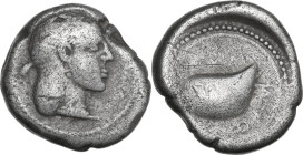 Greek Italy. Central and Southern Campania, Cumae. AR Phocaic Didrachm, c. 470-455 BC. Obv. Female head (nymph Kyme?) right, wearing necklace. Rev. KV...