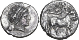 Greek Italy. Central and Southern Campania, Neapolis. AR Didrachm, 320-300 BC. Obv. Head of nymph right; behind, pileus. Rev. Man-headed bull right; a...