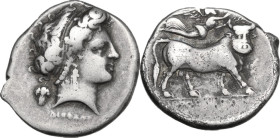 Greek Italy. Central and Southern Campania, Neapolis. AR Didrachm, c. 320-300 BC. Obv. Head of nymph right; grape bunch behind neck; ΔIOΦANOYΣ below. ...