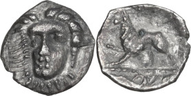Greek Italy. Central and Southern Campania, Phistelia. AR Obol, 325-275 BC. Obv. Female head facing slightly left. Rev. Lion advancing left; in exergu...