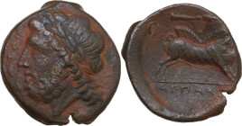 Greek Italy. Northern Apulia, Arpi. AE Unit, c. 325-275 BC. Obv. ΔΑΙΟΥ. Laureate head of Zeus left. Rev. Wild boar right; above, spearhead right; in e...