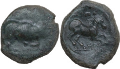 Greek Italy. Northern Apulia, Arpi. AE 22 mm. c. 275-250 BC. Obv. Bull butting right; below, traces of legend [ΠYΛΛI?]. Rev. APΠA/NOY. Horse prancing ...
