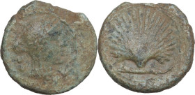 Greek Italy. Northern Apulia, Luceria. AE Biunx, c. 211-200 BC. Obv. Veiled and wreathed head of Ceres right; behind, two pellets. Rev. Scallop shell;...