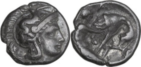 Greek Italy. Southern Apulia, Tarentum. AR Diobol, 380-325 BC. Obv. Head of Athena right, wearing helmet decorated with Scylla; Φ on neck guard. Rev. ...