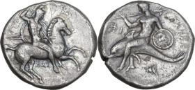 Greek Italy. Southern Apulia, Tarentum. AR Nomos, c. 302-290 BC. Obv. Nude warrior on horseback right, shield on left arm, holding two spears in left ...