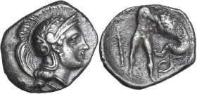 Greek Italy. Southern Apulia, Tarentum. AR Diobol, c. 325-280 BC. Obv. Head of Athena right, wearing crested helmet decorated with laurel-wreath. Rev....