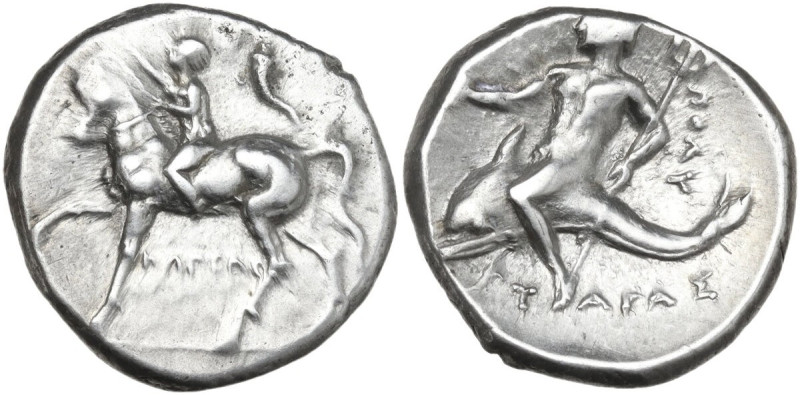 Greek Italy. Southern Apulia, Tarentum. AR Nomos, c. 280-272 BC. Obv. Youth on h...