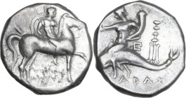 Greek Italy. Southern Apulia, Tarentum. AR Nomos, c. 281-240 BC. Obv. Warrior on horseback right, lance in right hand, shield in left, horse raising l...