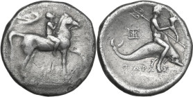 Greek Italy. Southern Apulia, Tarentum. AR Nomos, c. 272-240 BC. Ey- and Damokritos, magistrates. Obv. Youth on horseback right; behind, Nike flying r...