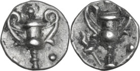 Greek Italy. Southern Apulia, Tarentum. AR Obol, c. 280-228 BC. Obv. Kantharos surrounded by three pellets. Rev. Kantharos; torch to left, pellet to r...