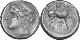 Greek Italy. Southern Apulia, 'Campano-Tarentine'. AR Didrachm, c. 281-228 BC. Obv. Diademed head of nymph left, wearing triple-pendant earring. Rev. ...