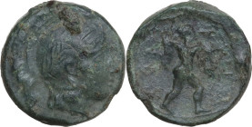 Greek Italy. Lucania, Poseidonia-Paestum. AE 15.5 mm, c. 420-390 BC. Obv. Head of Athena right, wearing Attic helmet with laurel-wreath. Rev. Poseidon...