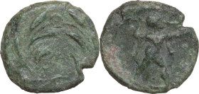 Greek Italy. Lucania, Poseidonia-Paestum. AE 13 mm, c. 350-290 BC. Obv. Laurel-wreath. Rev. Poseidon advancing right, wielding trident overhead. HN It...
