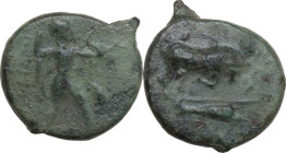 Greek Italy. Lucania, Poseidonia-Paestum. AE 18 mm, c. 350-290 BC. Obv. Poseidon advancing right, wielding trident overhead. Rev. Bull charging right;...