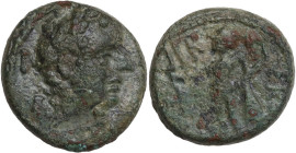 Greek Italy. Northern Lucania, Paestum. Under Roman Rule, time of Tiberius (14-3), A. Vergilius Optimus duovir. AE 15.5 mm. Obv. Laureate head of Tibe...