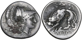 Greek Italy. Northern Lucania, Velia. Philistion Group. Fourreé Didrachm, c. 300-280 BC. Obv. Helmeted head of Athena right; crest holder inscribed ΦI...