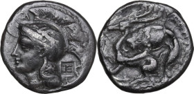 Greek Italy. Northern Lucania, Velia. AR Didrachm, c. 280 BC. Obv. Head of Athena left, wearing helmet decorated with Pegasus; above, A; behind neck, ...