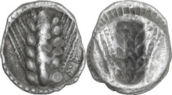 Greek Italy. Southern Lucania, Metapontum. AR Obol, c. 540-510 BC. Obv. Ear of barley with six grains. Rev. Incuse ear of barley with six grains. HN I...