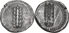 Greek Italy. Southern Lucania, Metapontum. AR Stater, circa 470-440 BC. Obv. META (retrograde). Six-grained barley ear; dotted border on raised rim. R...