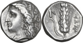 Greek Italy. Southern Lucania, Metapontum. AR Stater, c. 330-290 BC. Obv. Wreathed head of Demeter facing left. Rev. Barley ear with leaf to left; ala...