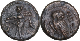 Greek Italy. Southern Lucania, Metapontum. AE 14.5 mm, 250-207 BC. Obv. Athena Promachos left. Rev. Owl standing three-quarters to left on ear of barl...