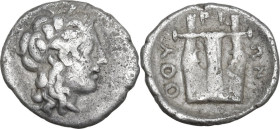 Greek Italy. Southern Lucania, Thurium. AR Triobol, c. 4th-3rd century BC. Obv. Laureate head of Apollo right. Rev. Lyre; ΘOYPIΩN around. HN Italy -; ...