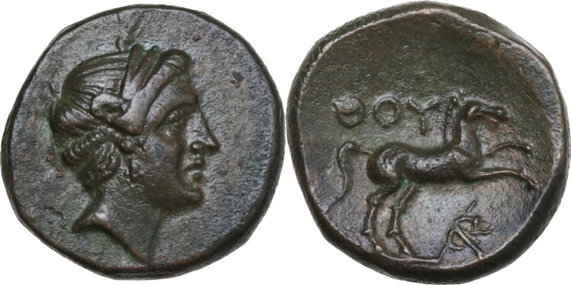 Greek Italy. Southern Lucania, Thurium. AE 14 mm, c. 280-270 BC. Obv. Head of Ap...