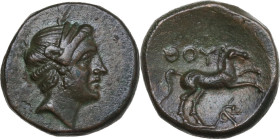 Greek Italy. Southern Lucania, Thurium. AE 14 mm, c. 280-270 BC. Obv. Head of Apollo right. Rev. ΘΟΥ. Horse galloping right; monogram below. HN Italy ...