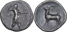 Greek Italy. Bruttium, Kaulonia. AR Triobol, c. 475-425 BC. Obv. Apollo standing right. Rev. Stag standing left. Cf. HN Italy 2045; Cf. SNG ANS 222; C...