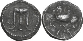 Greek Italy. Bruttium, Kroton. AR Triobol, c. 525-425 BC. Obv. ϘPO. Tripod with legs terminating in lion's feet. Rev. Pegasos flying left; below, Ϙ. H...