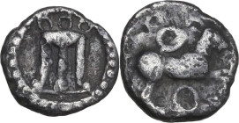 Greek Italy. Bruttium, Kroton. AR Diobol, c. 525-425 BC. Obv. Tripod. Rev. Hare springing right; annulet above and below. HN Italy 2133; SNG ANS 332. ...