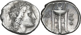 Greek Italy. Bruttium, Kroton. AR Stater, 350-300 BC. Obv. Laureate head of Apollo right. Rev. KPO. Tripod; filleted laurel branch to left. HN Italy 2...