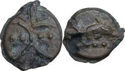 Dioscuri/Mercury series. AE Cast Triens, c. 280-276 BC. Obv. Thunderbolt; on either side, two pellets. Rev. Dolphin right; below, four pellets. Cr. 14...