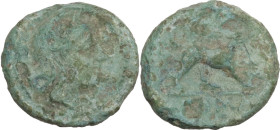 Anonymous. AE Half Litra, c. 234-231 BC. Obv. Head of Roma right, wearing Phrygian helmet. Rev. Dog right. Cr. 26/4; HN Italy 309. AE. 1.29 g. 13.00 m...