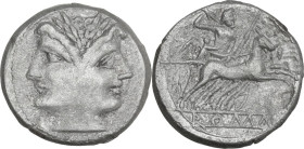 Anonymous. Quadrigatus (Didrachm), Campanian mint (Capua), 215 BC. Obv. Laureate Janiform head of Dioscuri. Rev. Jupiter in quadriga right, driven by ...