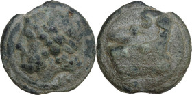 Janus/prow to right libral series. AE Cast Semis, c. 225-217 BC. Obv. Laureate head of Saturn left; below, mark of value S. Rev. Prow right; above, ma...