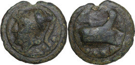 Janus/Prow to right libral series. AE Cast Triens, c. 225-217 BC. Obv. Helmeted head of Minerva left; below, four pellets. Rev. Prow right; below, fou...