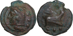 Janus/prow to right libral series. AE Cast Quadrans, c. 225-217 BC. Obv. Head of Hercules left; behind, three pellets. Rev. Prow right; below, three p...