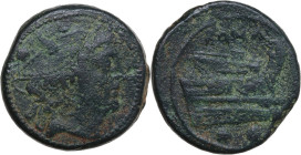 Anomalous Semilibral series. AE Sextans, 217-215 BC. Obv. Head of Mercury right; above, two pellets. Rev. Prow right; above, ROMA; below, two pellets....