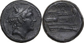 Anomalous Semilibral series. AE Semuncia, 217-215 BC. Obv. Head of Mercury right, wearing winged petasus. Rev. Prow right; above, ROMA. Cr. 38/7. AE. ...